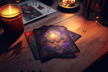 Tarot cards and burning candles on wooden table at night. Fortune telling and reading future. Astrology horoscope, esoteric and spiritual growth concept. Created with Generative AI