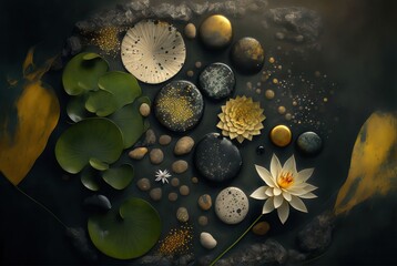 Wall Mural - 4K resolution or higher, Top View, Zen Garden, Sand, dark rocks, pond, lily pads, lotus flower. Generative AI Technology