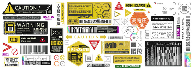 cyberpunk decals set. set of vector stickers and labels in futuristic style. inscriptions and symbol