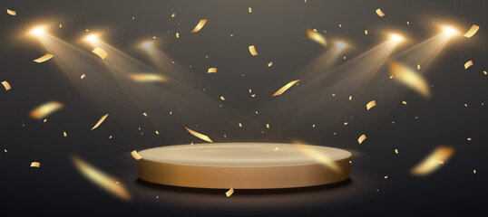Aufkleber - Gold confetti with award podium and spotlights. Winner vector background with confetti.