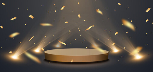 Aufkleber - Gold confetti with award podium and spotlights. Winner vector background with confetti.