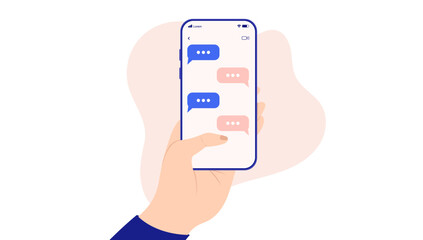 Fototapete - Text messages on phone screen - Hand holding smartphone with texting symbols on screen. Flat design vector illustration with white background
