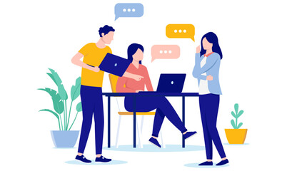 Work discussion - Three people in office working as a team and talking together with computers. Flat design vector illustration with white background