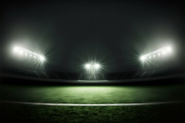 Sport stadium illuminated by spotlights and empty green grass playground. Generative AI