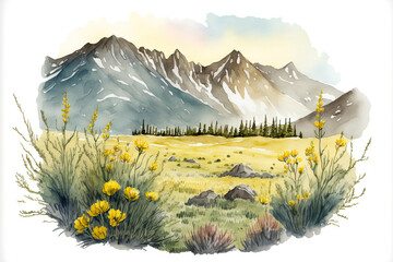 Wall Mural - Illustration in watercolor of a landscape with distant, gray mountains in the distance and a meadow full with yellow and blue wildflowers in bloom. Generative AI