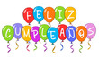 Happy Birthday lettering in Spanish (Feliz Cumpleaños) with colorful balloons. Cartoon. Vector illustration. Isolated on white background