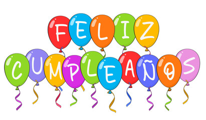 Wall Mural - Happy Birthday lettering in Spanish (Feliz Cumpleaños) with colorful balloons. Cartoon. Vector illustration. Isolated on white background