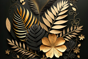 Gold and black floral patterns luxury background, paper cut flowers. AI