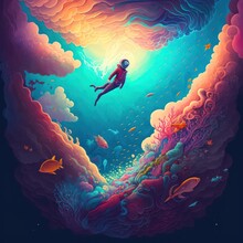 Man Diving Into A Sea Of Clouds, Exploring The Unknown Depths Of His Imagination. , Generative AI