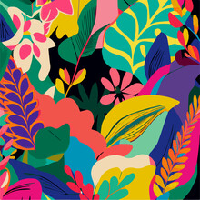 Tropical Garden Vector Illustration, Modern Flowers And Leaves Graphic Pattern