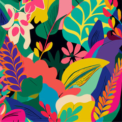 Tropical Garden Vector Illustration, modern Flowers and Leaves Graphic Pattern