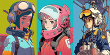 Character Design Of Anime Gundam Pilot Girls. Illustration In The Retro Style Film. Colorful Background, Collection