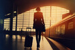 Business woman with a suitcase at train station or at airport..