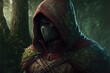 Green hooded archer with forest background. Generative AI