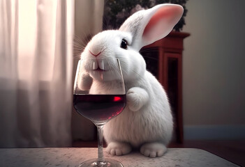 White cute rabbit and a glass of red wine.AI generated.