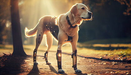 dog with exo prosthesis legs and exoskeleton in park. generative ai