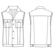 Denim vest sleeveless Jacket flat sketch template technical CAD illustration