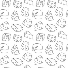 Canvas Print - Seamless pattern of cheese doodle set. Cheese types in sketch style.  Hand drawn vector illustration