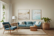 Coastal Style Room In Light Pastel Hues With Rattan Furniture, Mock Up Frame In Interior Background. Generative AI