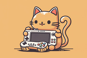 Poster - Awesome picture of the cute ginger cat with an arcade machine gameboy kind of console with lights and bright effects. gaming concept. Generative AI