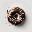 Close up of a chocolate donut on white background