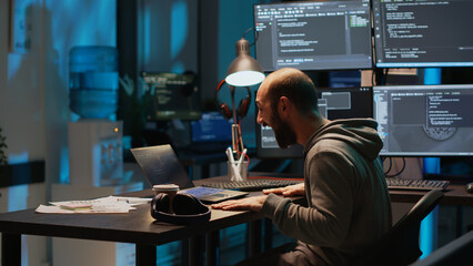 Poster - cheerful man feeling content about programming success, developing new user interface at night. youn
