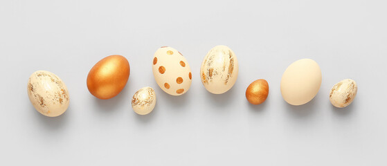 Wall Mural - Beautiful Easter eggs on light background, top view