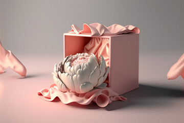 Wall Mural - Cute box with flowers with soft silk decoration. Generative AI.