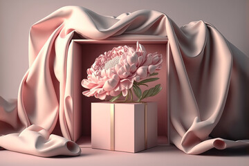 Wall Mural - Cute box with flowers with soft silk decoration. Generative AI.