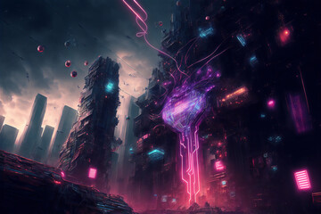 Virtual reality city concept with big data central computer. Cyberspace server circuit motherboard. Generative AI