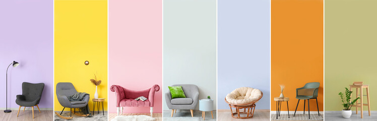 Sticker - Group of minimalist interiors with stylish furniture and decor near color walls