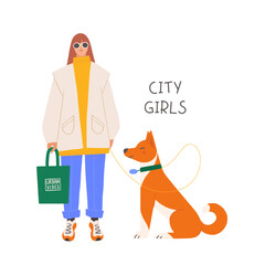 Wall Mural - Woman in trendy outfit standing with a large dog. . Street style fashion illustration. Dog walking concept. Hand drawn vector card design.