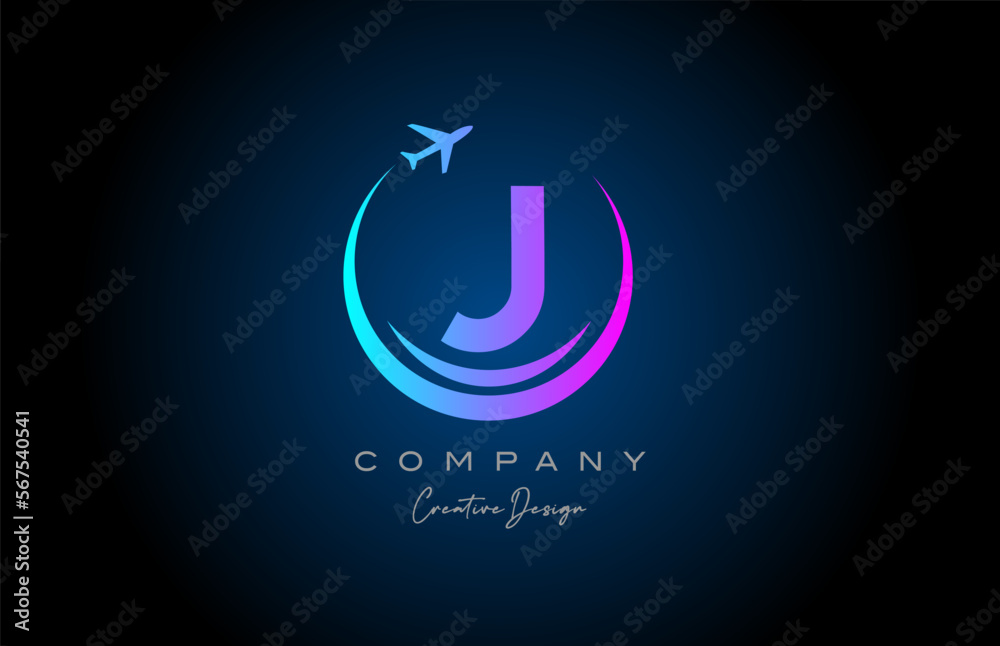 blue pink J alphabet letter logo with plane for a travel or booking ...