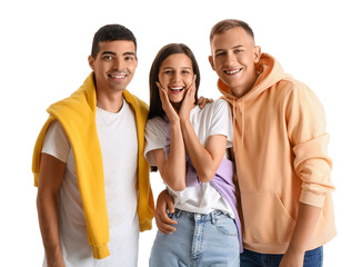 Canvas Print - Young woman with her male friends on white background