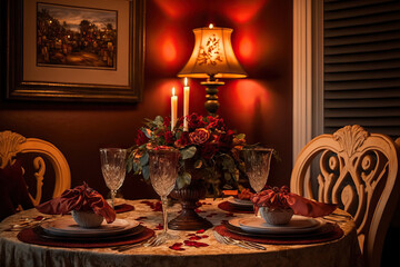 Poster - festive table settings in the Valentine themed dining room. Generative AI