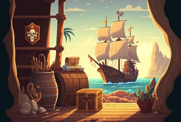 cartoon illustration, wooden deck of pirate ship board view, ai generative