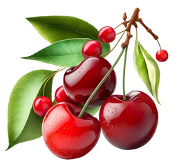 Poster - Cherry isolated. Sour cherry. Cherries with leaves on transparent background. Sour cherries PNG. Cherry set.