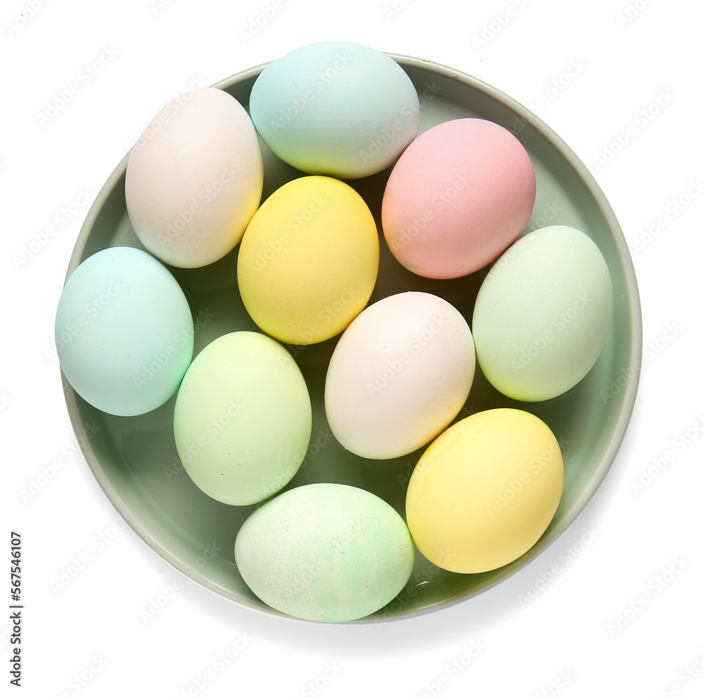 Plate with beautiful Easter eggs isolated on white background