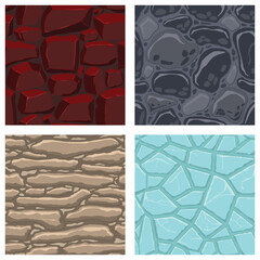 Wall Mural - Cartoon game textures, lava, ice, rocks and brick, dirt and ground surface seamless patterns. Game assets walls and environment backgrounds