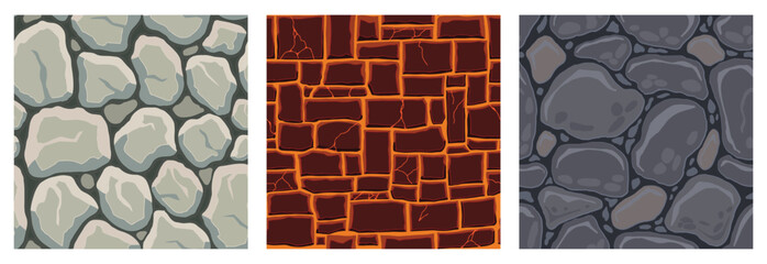 Wall Mural - Cartoon game textures, lava, rocks and brick, dirt and ground surface seamless patterns. Game assets walls and environment backgrounds