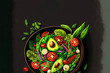 © 2rogan - Dietary menu. Fresh vegetables in a healthy salad with tomatoes, avocado, arugula, radish, and seeds in a bowl. vegan cuisine Lay flat. Banner. a top view. Generative AI
