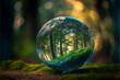 Close up of a glass globe in the forest. Environmental conservation concept. Landscape. Generative ai