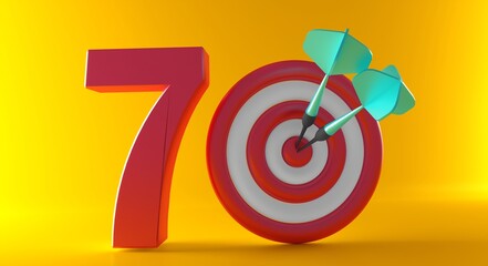 70K Text Followers with small dartboard on white background. 70 000 followers background. Congratulating networking thanks, net friends abstract image, customers. 3d rendering. 70k 3d text.