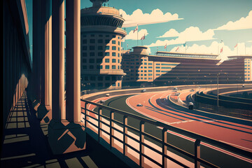 Sticker - Daytime scene of a racetrack with railing and a metropolitan backdrop. Generative AI