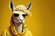 Leinwandbild Motiv Created with Generative AI technology. lama dressed in hippy clothes on yellow background. Humanization of animals concept