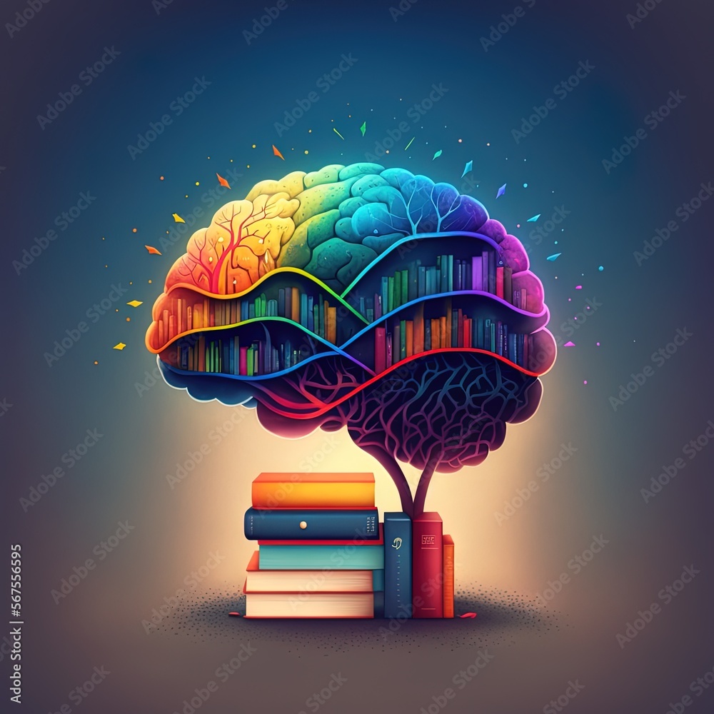 This whimsical image shows a brain with a library inside, its neurons ...