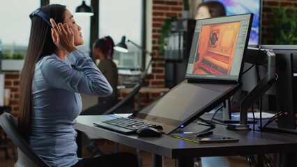 Poster - Graphic designer working on gaming interface development, using artificial intelligence and touchscreen monitor. Professional editor developing digital 3d scene, creative agency studio.