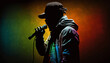 Singer with microphone on stage silhouette colorful 4. Generative AI.