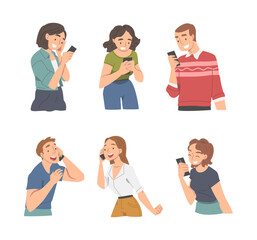 Sticker - People Character Receiving Good News Speaking by Phone and Reading Message Vector Illustration Set