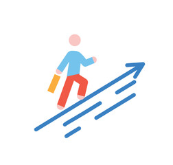 Poster - career growth icon. man with briefcase goes up arrow, motivation and self development, leadership. s